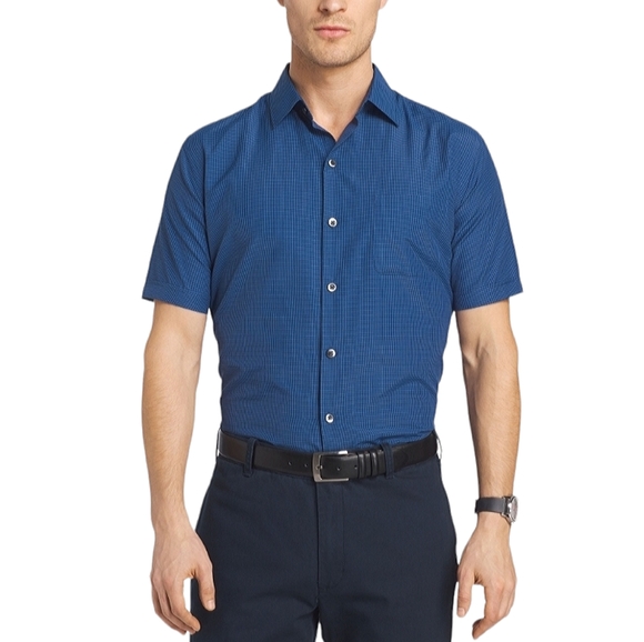 Van Heusen Air Mens Short Sleeve Button Front Shirt Blu Faded Cadet 2XL New - Picture 1 of 8